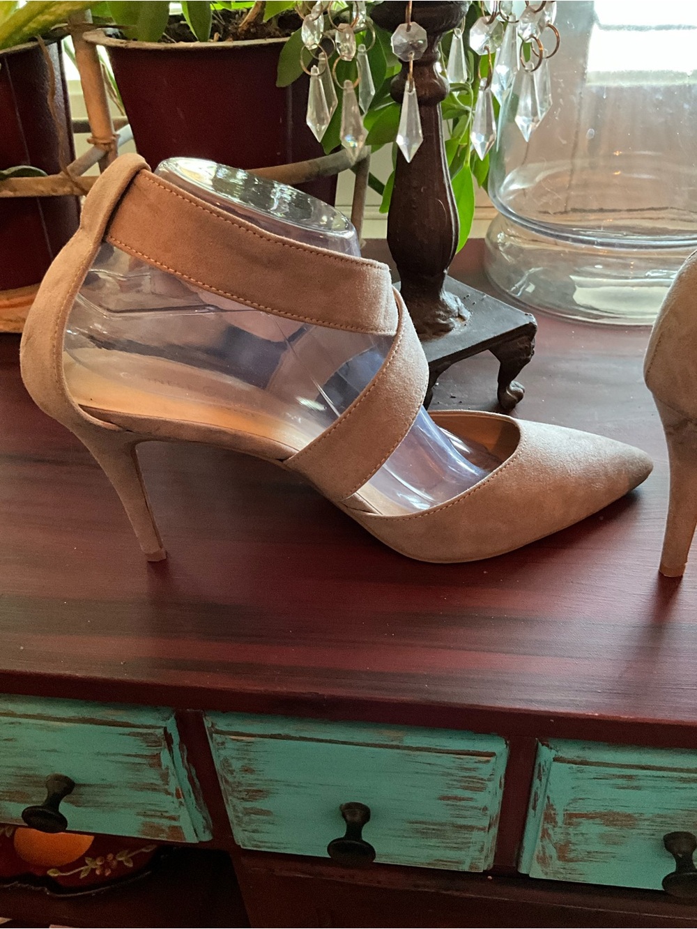 Pointed Toe Ankle Strap Suede Pumps in Taupe - Picture 6 of 9